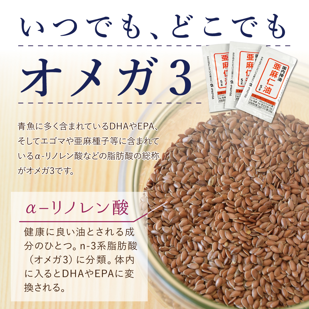 青魚に多く含まれているDHAやEPA、そしてエゴマや亜麻種子等に含まれているα-リノレン酸などの脂肪酸の総称がオメガ3です。健康に良い油とされる成分のひとつ。n-3系脂肪酸(オメガ3)に分類。亜麻仁油の人気の秘密。健康に良い油とされる成分のひとつ。n-3系脂肪酸(オメガ3)に分類。体内に入るとDHAやEPAに変換される。