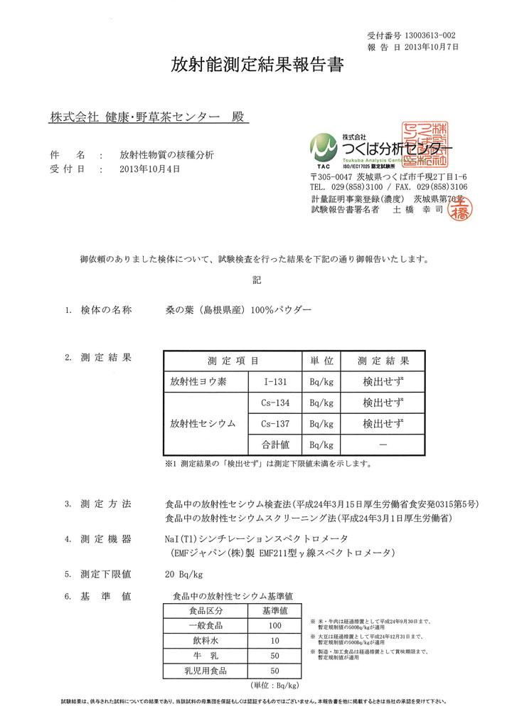 桑の葉（島根県産）１００％パウダー　放射能測定結果報告書1