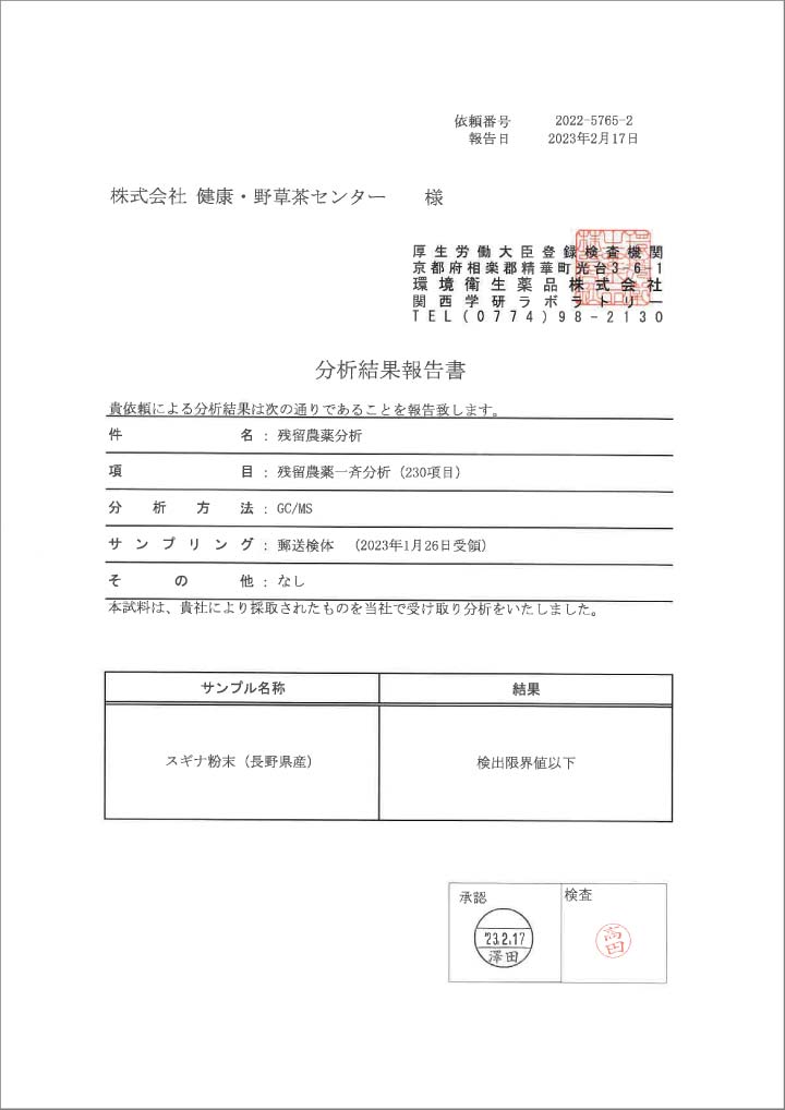 スギナ粉末（長野県産）　分析結果報告書1