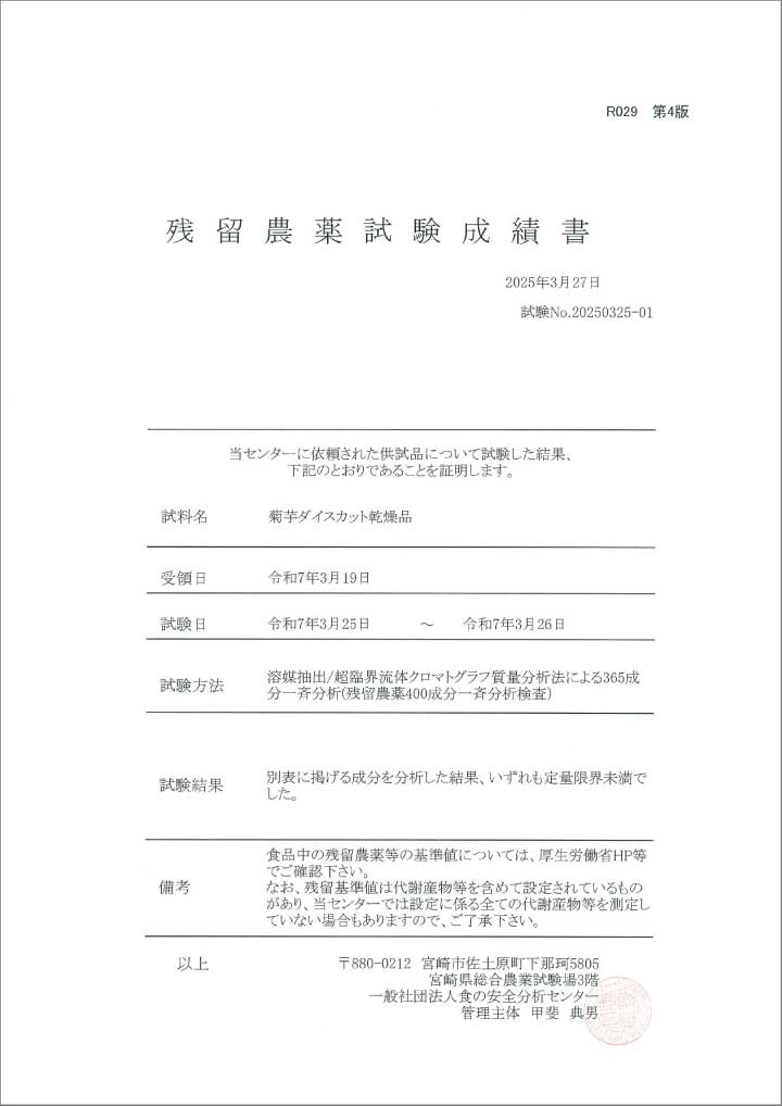 菊芋(ダイスカット乾燥品)　分析結果報告書1