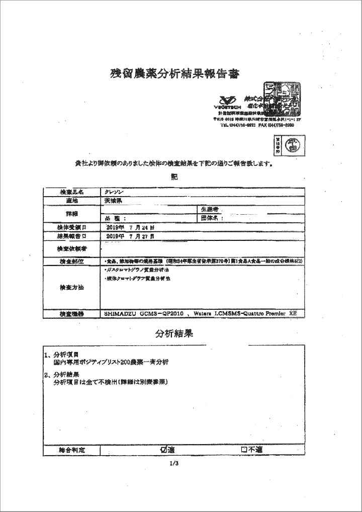 クレソン 検査結果報告書1